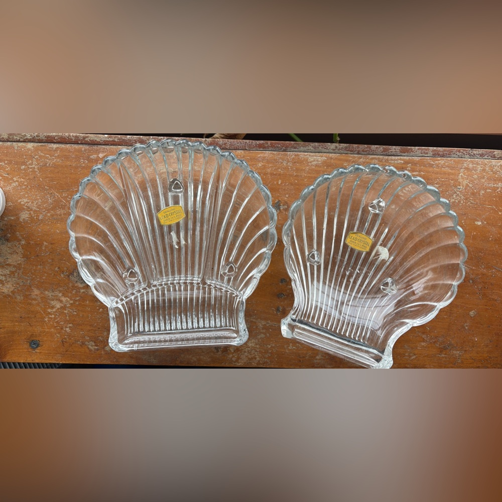 West German leaded glass seashell trinket dishes set of 2